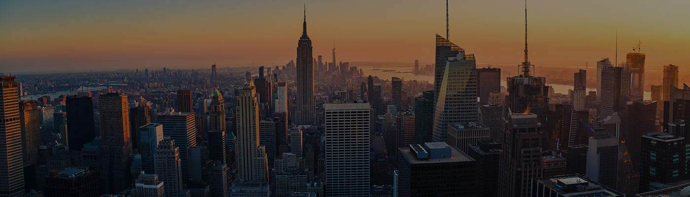 Aerial panoramic cityscape view of Manhattan, New York City at Sunset